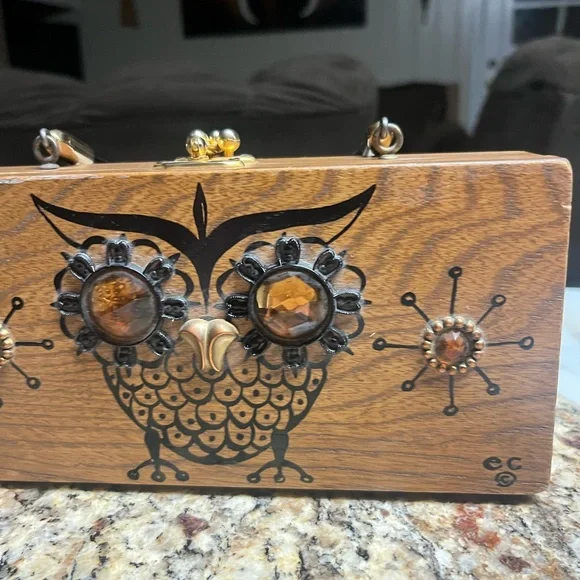 Enid Collin’s • Vintage • 1960’s • Wooden Box Bag • Night Owl • Beaded - Picture 6 of 14